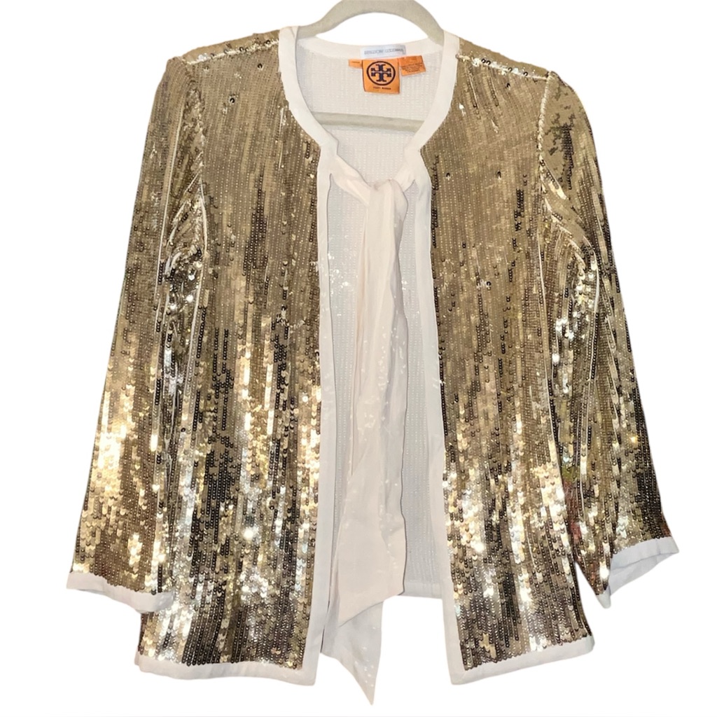Tory Burch Bergdoff Goodman Gold Sequin Evening Cardigan With Tie Nwt Size 6